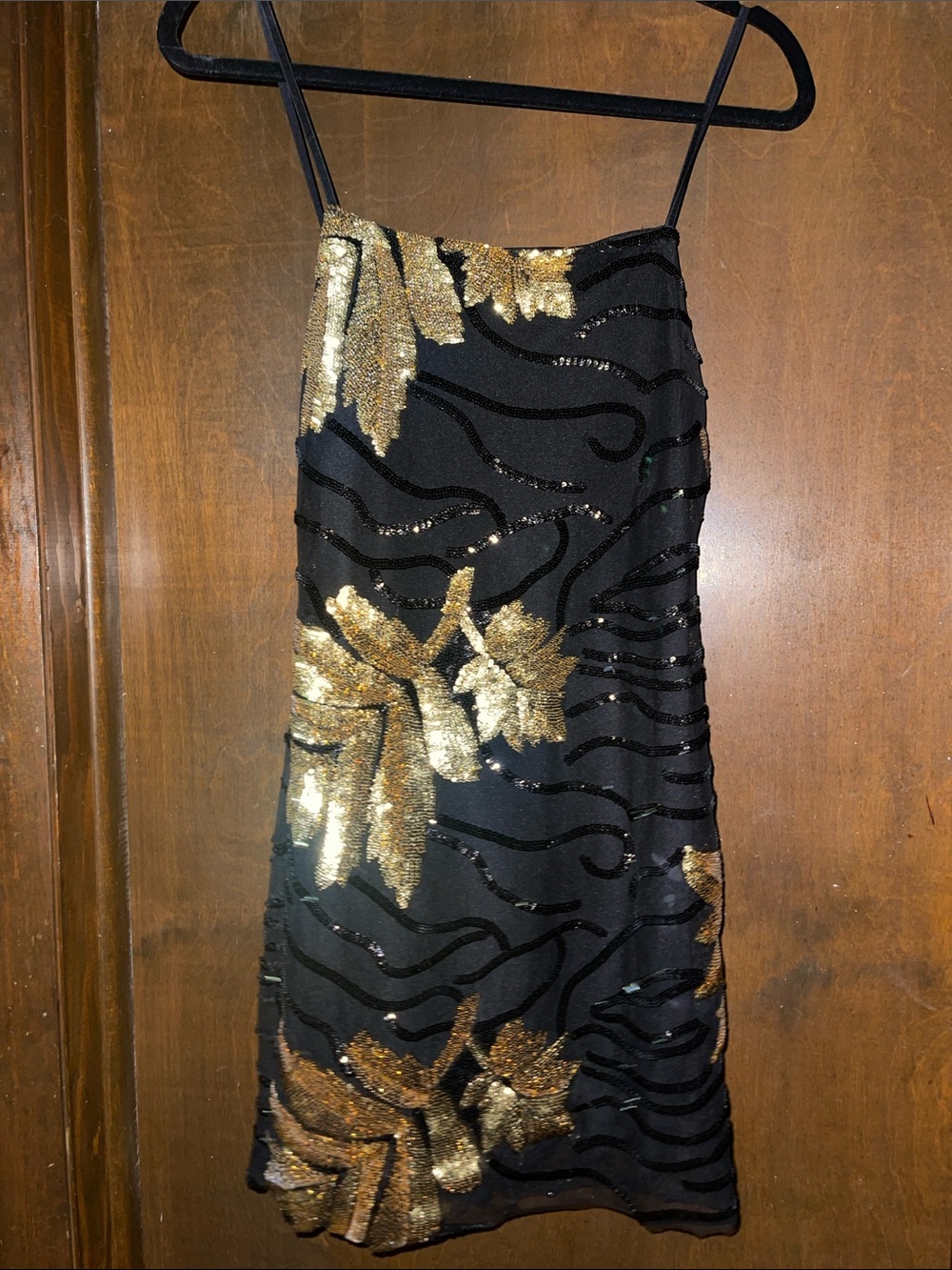 Black Mini Dress with Gold Sequin Floral Accents